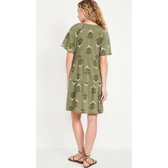 Old Navy V-Neck Mini Swing Dress Olive Green Block Print Tiered Cotton Blend - Picture 13 of 14